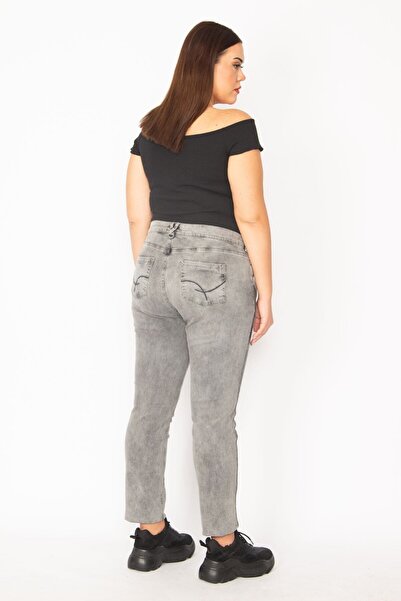 Şans Women's Large Size Smoked Wash Effect 5 Pocket Jeans 65n29867