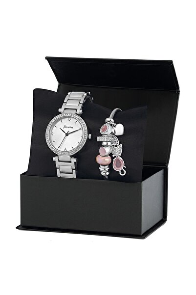 Forentina Kadın Metal Gri Kol Saati Kedi Bileklik Kombin Set Ps2805