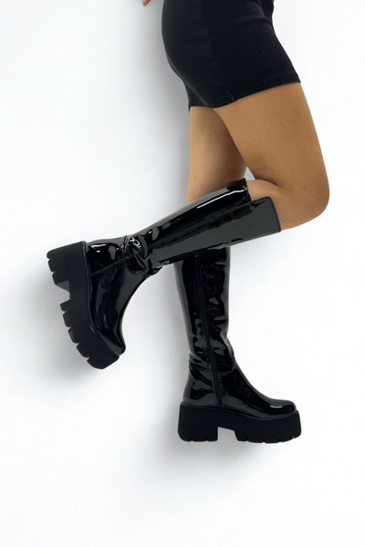 inizio Black Patent Leather Thick Sole Women's Boots E1320