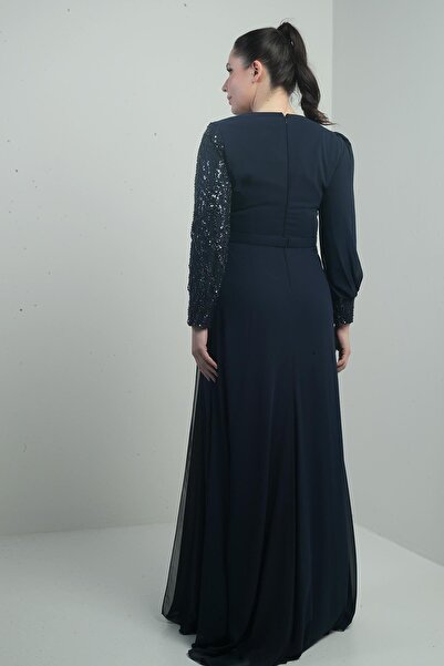 By Saygı Women's Top with Sequin-Beading Embroidered Lining Waist with Flowers Large Size Long Chiffon Dress