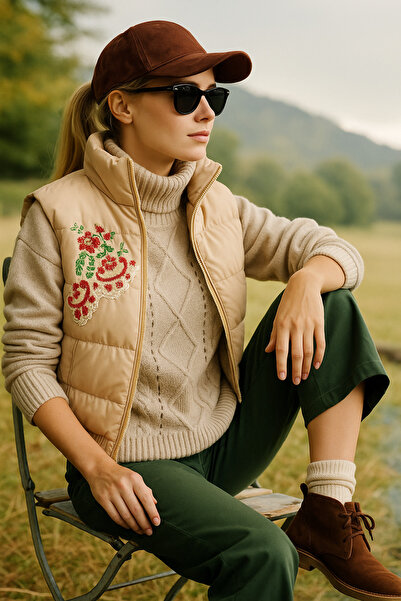 GZ Design Renkli Çiçek Işlemeli Krem Bomber Şişme Yelek