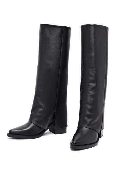 Derimod Women's Black Thick Heeled Leather Boots 25Wfd153918