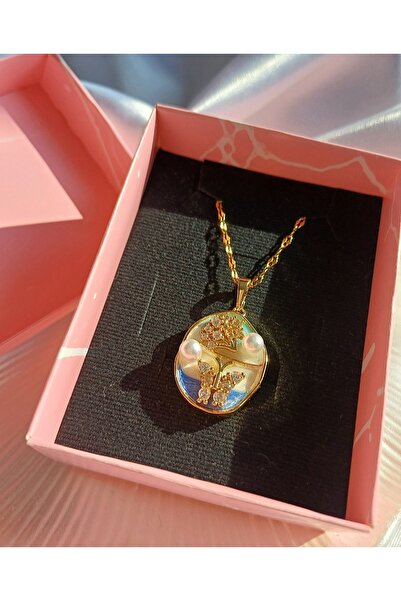 stainless steell Zirkon taşlı inci detaylı çelik kolye