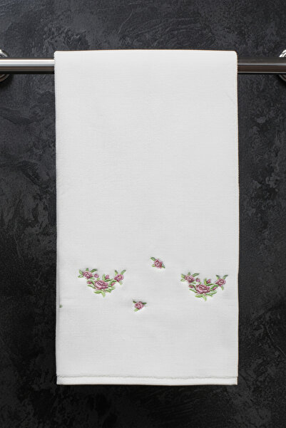 Class Kadife Nakışlı %100 Pamuklu El-Yüz Havlusu 50x90 cm Ekru 1 Adet Little Rose