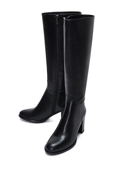 Derimod Women's Black Zippered Thick Heeled Leather Boots 25Wfd281018