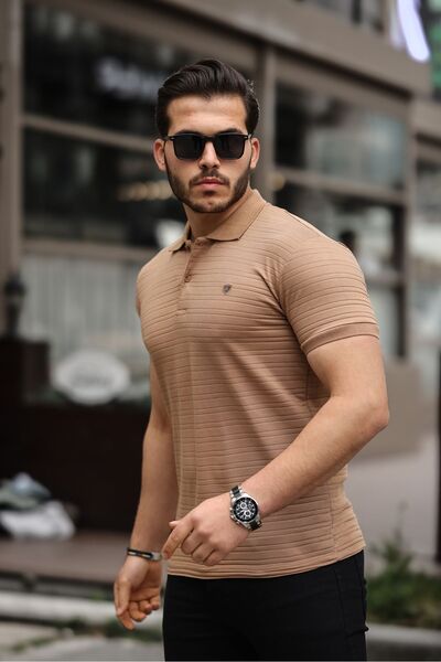 COMBİNE MİCHAİL تي شيرت رجالي من نسيج القطن غير قابل للسحب بقصة ضيقة من الكراميل غير قابل للتجعيد بياقة بولو