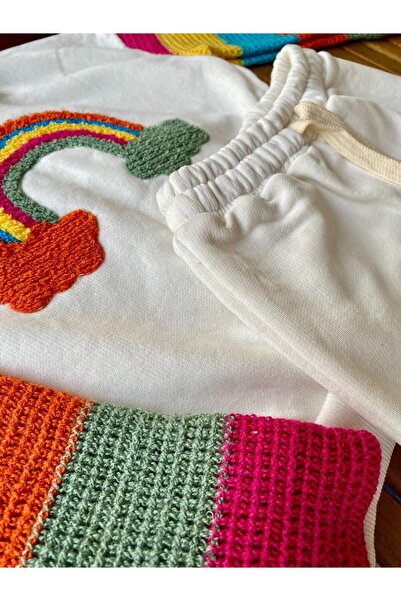 shop Kız Çocuk Gökkuşağı Punch İşlemeli Beli Lastikli Bağcıklı Pamuklu Kumaş Alt Üst İkili Takım