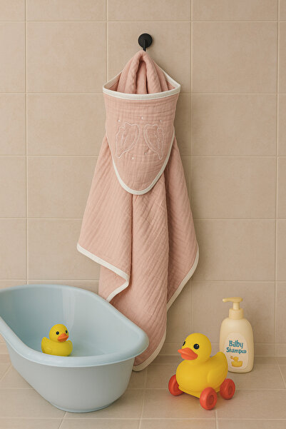 Wellgro منشفة أطفال من الموسلين بغطاء للرأس باللون الوردي