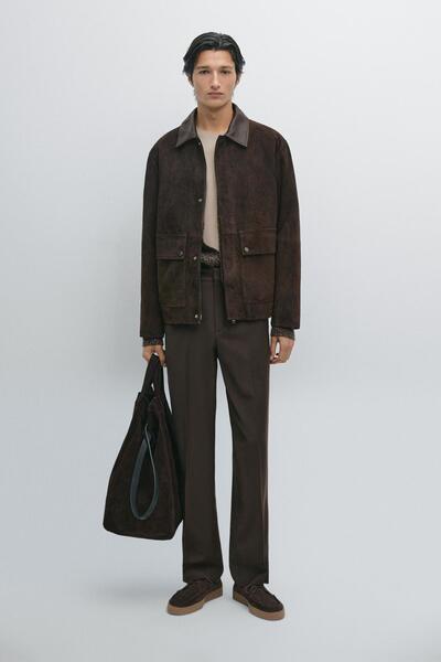 Massimo Dutti Yaka detaylı süet deri ceket