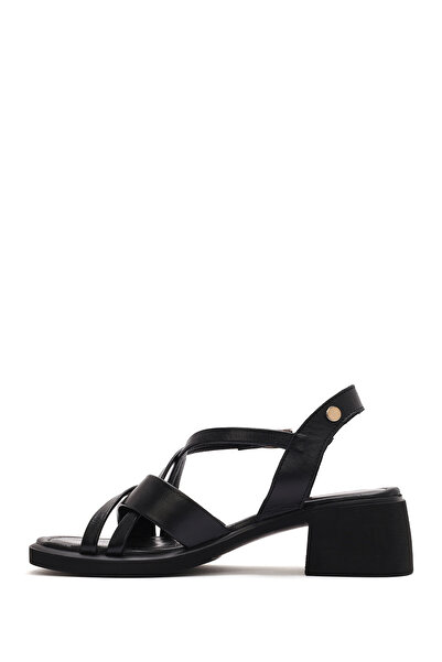 Derimod Women's Black Ankle Buckle Short Thick Heeled Leather Sandals 25Sfd131018