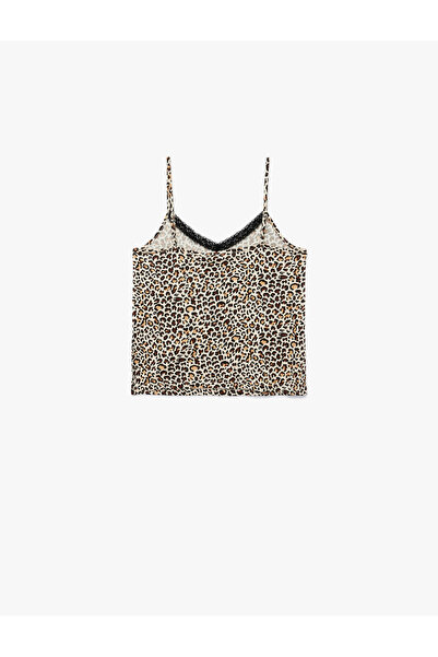 Koton V-Neck Lace Detail Leopard Print Suspender Pajama Top
