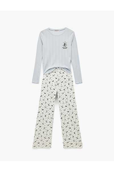 Koton Pamuklu Uzun Kollu Bisiklet Yaka Penguen Baskılı Pijama Takımı
