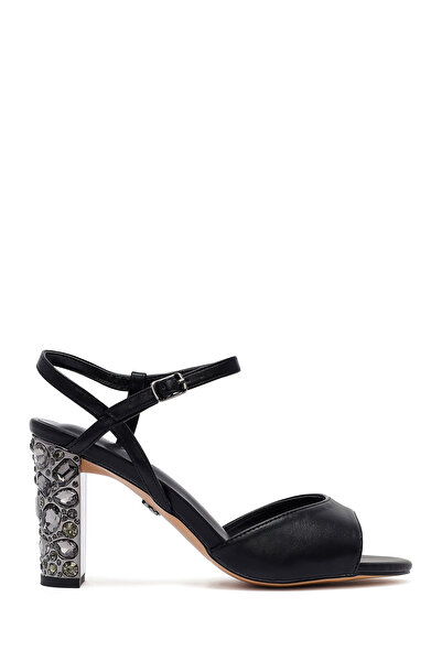 Derimod Women's Black Ankle Buckle Metallic Thick Heeled Sandals 25Sfe466932