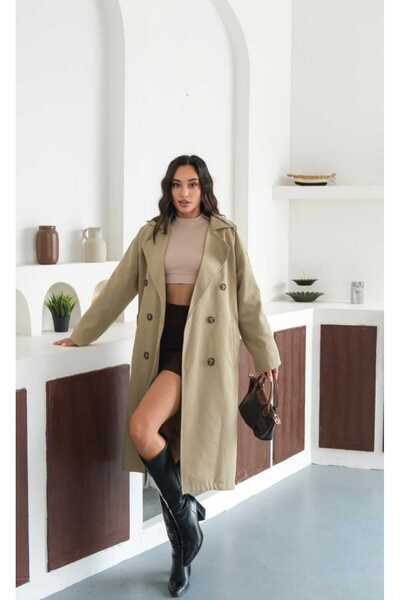 MyLook Kadın Koyu Bej Uzun Trençkot – Şık Mevsimlik Klasik Pardösü