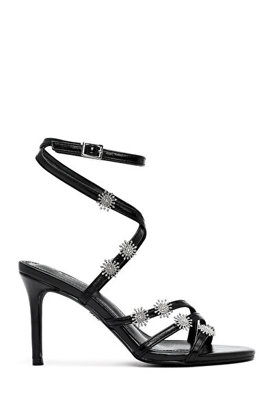 Derimod Women's Black Ankle Buckle Stone Metallic Thin Heeled Sandals 25Sfe482032
