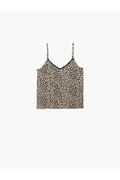 Koton V-Neck Lace Detail Leopard Print Suspender Pajama Top