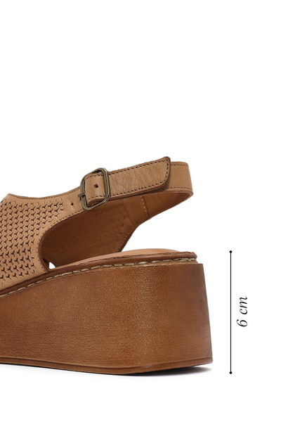 Derimod Women's Tan Ankle Strap Printed Wedge Heeled Shoes Leather Comfort Sandals 25Sfd342126