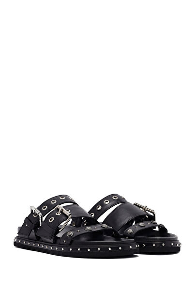 Derimod Women's Black Buckle Leather Slippers 25Sfd270018