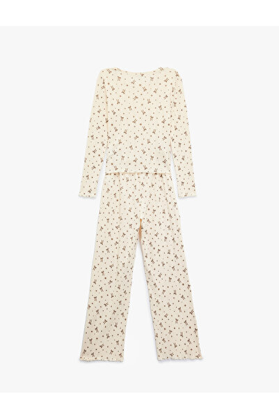 Koton Pamuklu Uzun Kollu Bisiklet Yaka Fiyonklu Pijama Takımı