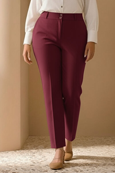 Hanezza Plus Size Burgundy High Waist Lycra Ankle Length Fabric Trousers with Pockets