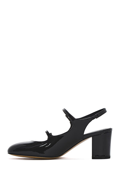 Derimod Kadın Siyah Çift Tokalı Arkası Açık Kalın Topuklu Rugan Deri Ayakkabı 24WFD230516