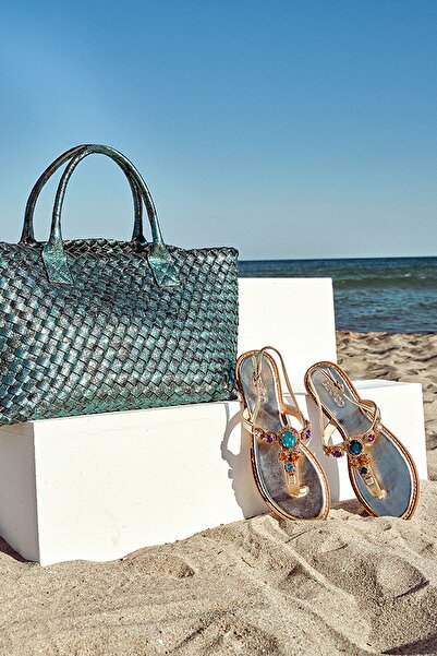 Derimod Women's Gold Stone Flip Flops Sandals 25Sfe 491014