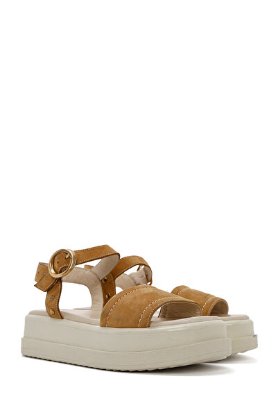 Derimod Women's Tan Ankle Buckle Thick Soled Nubuck Genuine Leather Sandals 25Sfd2015V3