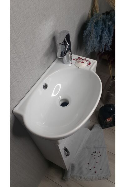 Turkuaz Banyo ve Tuvalet Mini Köşe Lavabo 28*45 Cm (banyo Dolabı Dahil)