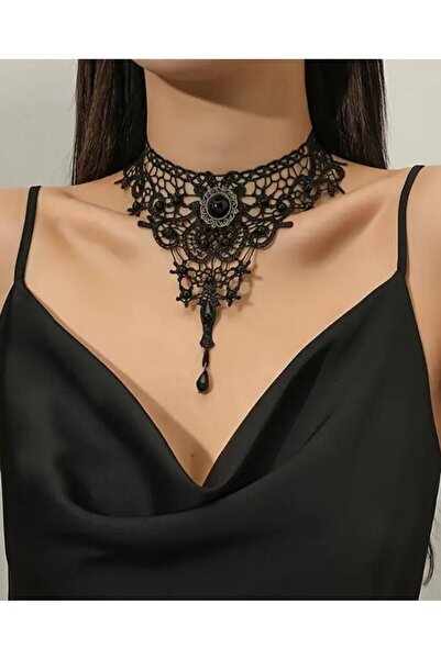 KANERUZ Gotik Siyah Dantel Gerdanlık Kolye