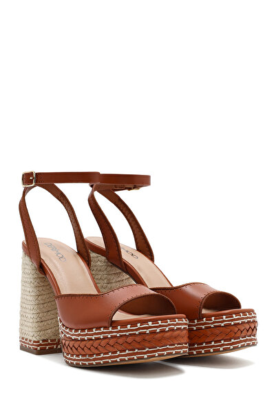 Derimod Women's Tan Ankle Buckle Platform High Thick Heeled Shoes Sandals 25Sfd443118