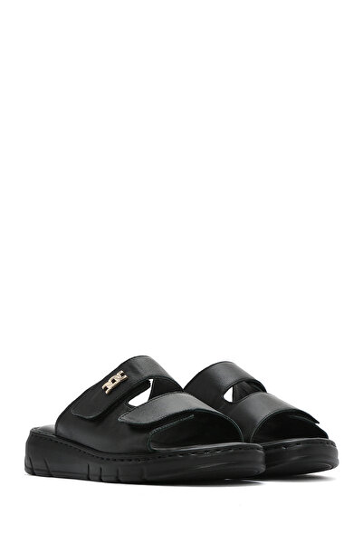 Derimod Γυναικείες μαύρες δερμάτινες παντόφλες Comfort με διπλό λουράκι 25SFD341218