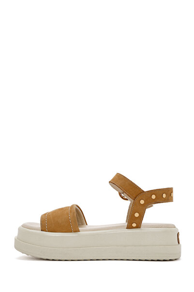 Derimod Women's Tan Ankle Buckle Thick Soled Nubuck Genuine Leather Sandals 25Sfd2015V3