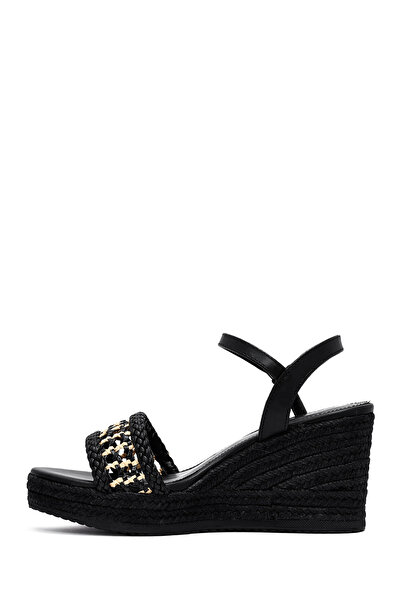 Derimod Kadın Siyah Bilekten Tokalı Örgülü Dolgu Topuklu Ayakkabı Espadril Sandalet 25SFE482729
