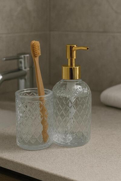 MEYA PİNE Δοχείο υγρού σαπουνιού και θήκη οδοντόβουρτσας από γυαλί - Σετ μπάνιου 2 τεμαχίων