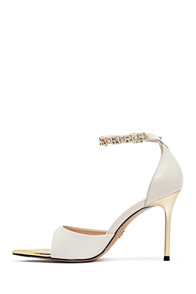 Derimod Women's Cream Ankle Buckle Thin Heeled Shoes Genuine Leather Sandals