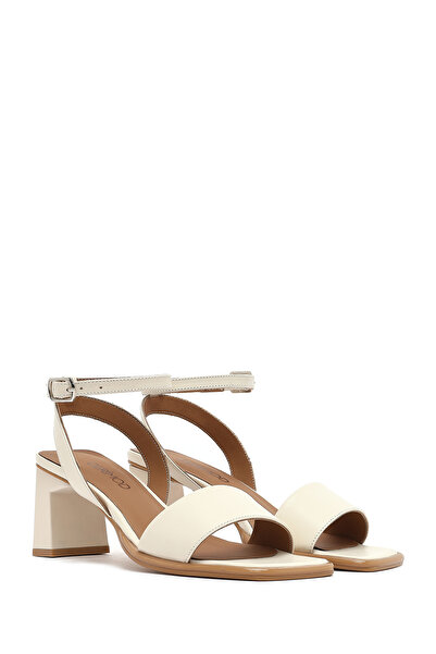 Derimod Women's Cream Ankle Buckle Thick Heeled Shoes Genuine Leather Sandals 25Sfd131218