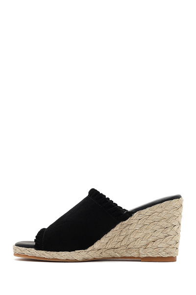 Derimod Kadın Siyah Dolgu Topuklu Süet Deri Espadril Terlik 25SFD150510