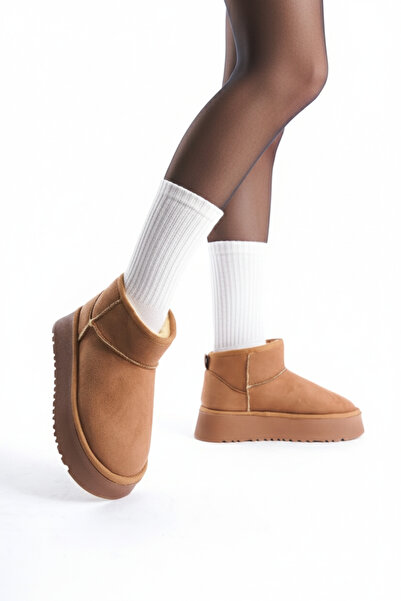 moon glow Kadın Kalın Taban İçi Kürklü Yarım Bot İçi Yünlü Bot Kadın Kışlık Bot Kadın Bej Bot & Bootie