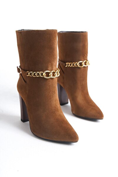 Mubiano Collection Mubiano Genuine Leather Collection Γυναικείες μπότες με τακούνι με λεπτομέρεια από αλυσίδα, σουέτ μπότες καφέ - MCALM23142 - TB