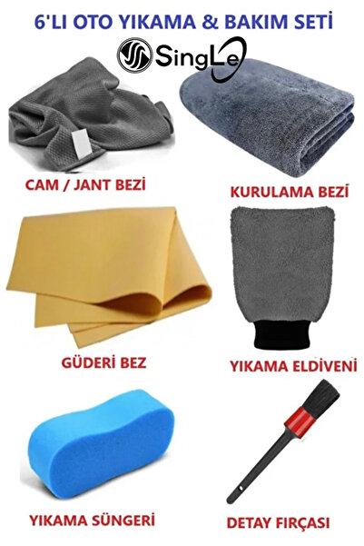 Single ( 6’Lı ) Mikrofiber Oto Yıkama Seti Kurulama Bezi Cam Bezi Güderi Oto Eldiven Oto Sünger Detay Fırça