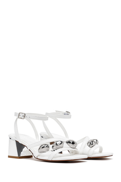 Derimod Women's White Ankle Buckle Short Thick Heeled Shoes Sandals 25Sfe481418