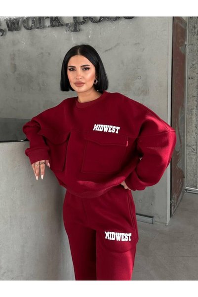 Ferte Women's Burgundy Oversized Tracksuit Set Sweatshirt & Tracksuit Bottoms Set Printed Casual Sportswear