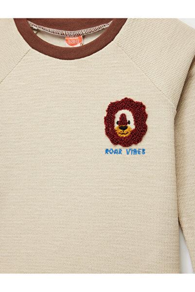 Koton Μπλουζάκι με μακρύ μανίκι με λαιμόκοψη από βαμβακερό κέντημα λιονταριού