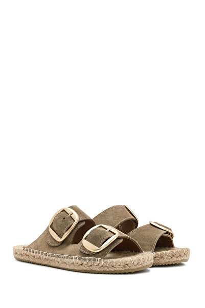 Derimod Kadın Taba Tokalı Süet Deri Espadril Terlik 25SFD205010