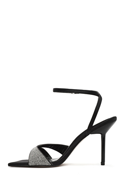 Derimod Women's Black Ankle Buckle Stone High Thin Heeled Shoes Sandals 25Sfe3916Ts