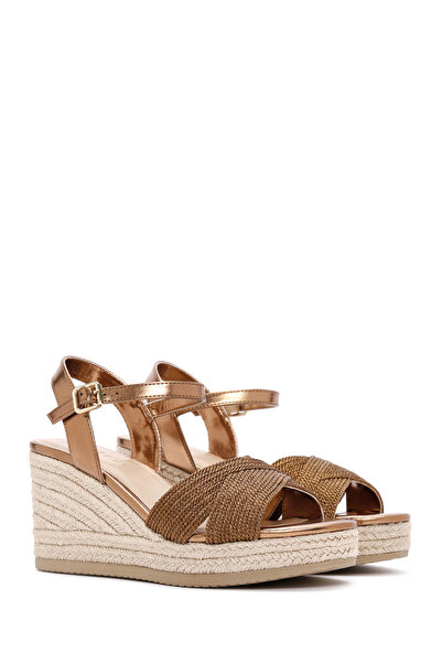 Derimod Women's Bronze Ankle Strap Metallic Wedge Heeled Espadrille 25Sfe 480632