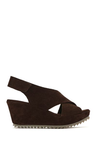 Derimod Women's Brown Back Strap Wedge Heeled Shoes Suede Genuine Leather Sandals 25Sfd141010