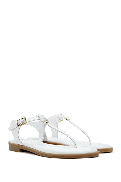 Derimod Kadın Beyaz Tokalı Parmak Arası Rugan Hakiki Deri Sandalet 25SFD201016