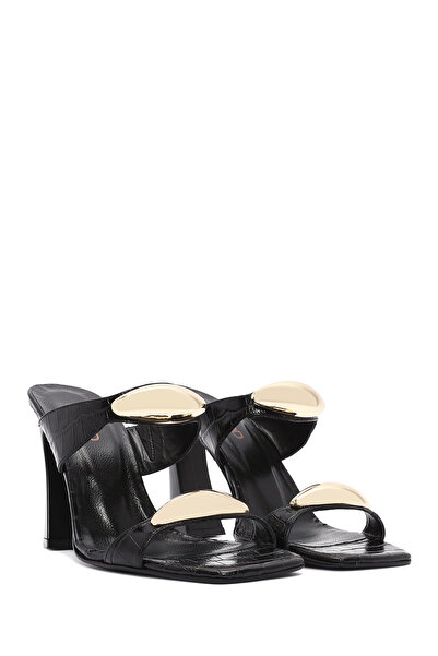 Derimod Kadın Siyah Kroko Desenli Deri Yüksek Kalın Topuklu Terlik 25SFD1610E3