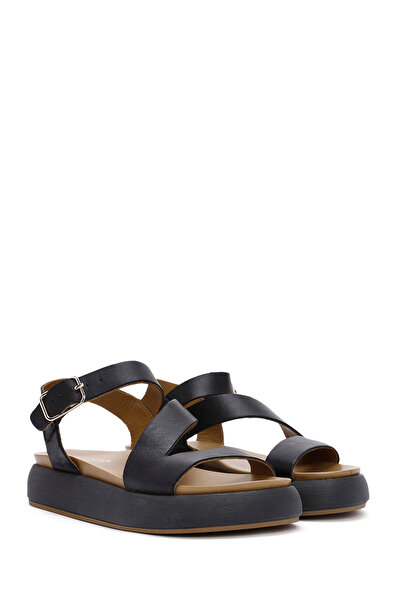 Derimod Women's Black Ankle Strap Thick Soled Genuine Leather Sandals 25Sfd550018